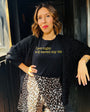 Womens Black t-shirt with 'Last Night A DJ Saved My Life' gold text - Disko Kids
