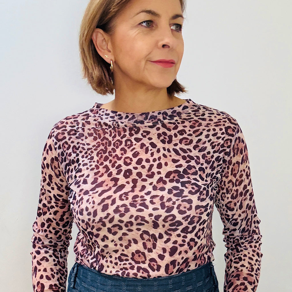 Leopard Print Long Sleeve Mesh Top