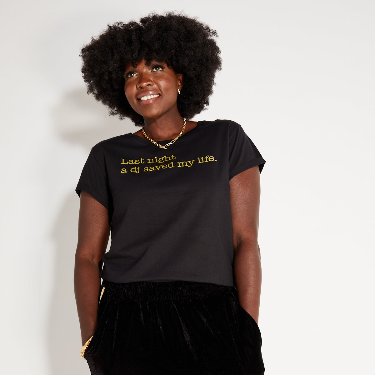 Last Night a DJ Saved My Life Womens Black and Gold Tshirt Disko Kids