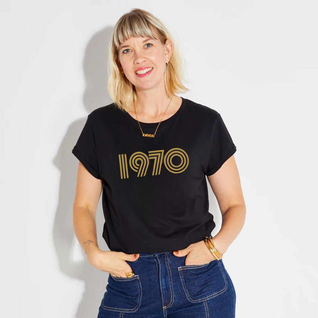 Womens 1970 black Tshirt with gold print - Disko Kids 