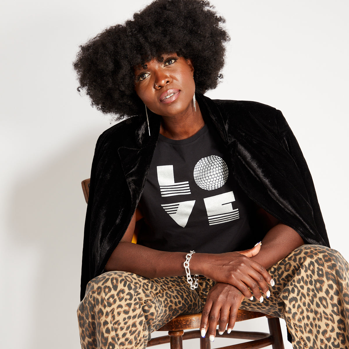 Womens black tshirt with silver 'LOVE' disco ball print - Disko Kids