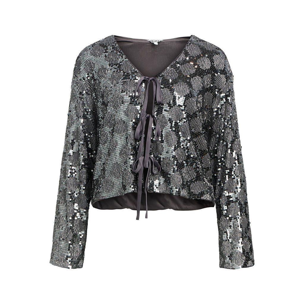 Silver sequin top with long sleeves and tie front