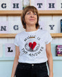 Womens white t-shirt with 'Music is the Answer' text around a black discoball red heart - Disko Kids