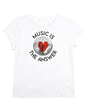 Womens white t-shirt with 'Music is the Answer' text around a black discoball red heart - Disko Kids