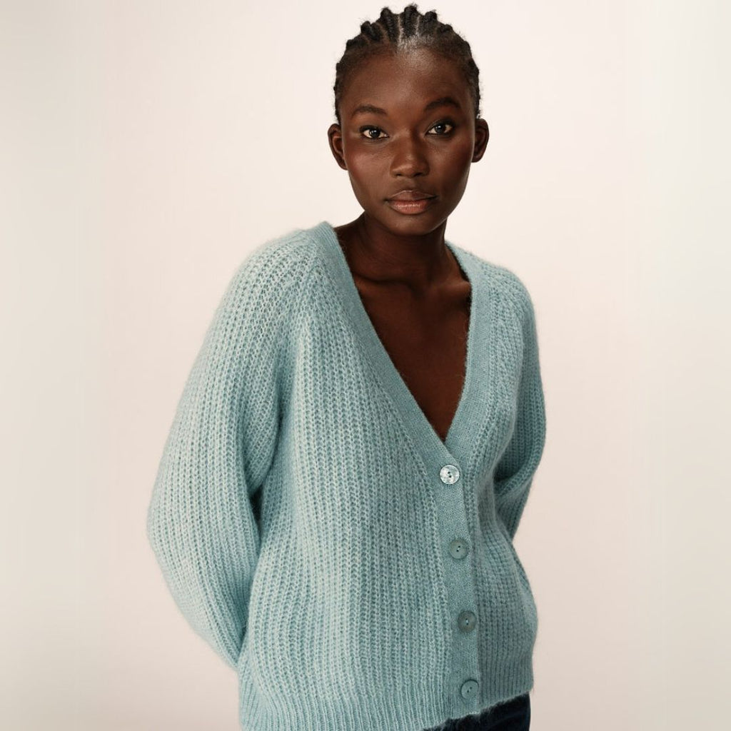 Pale Blue Knitted V Neck Cardigan