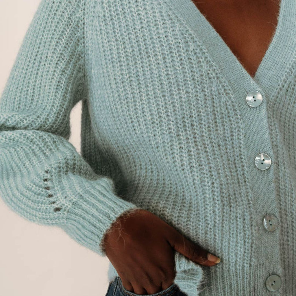 Pale Blue Knitted V Neck Cardigan
