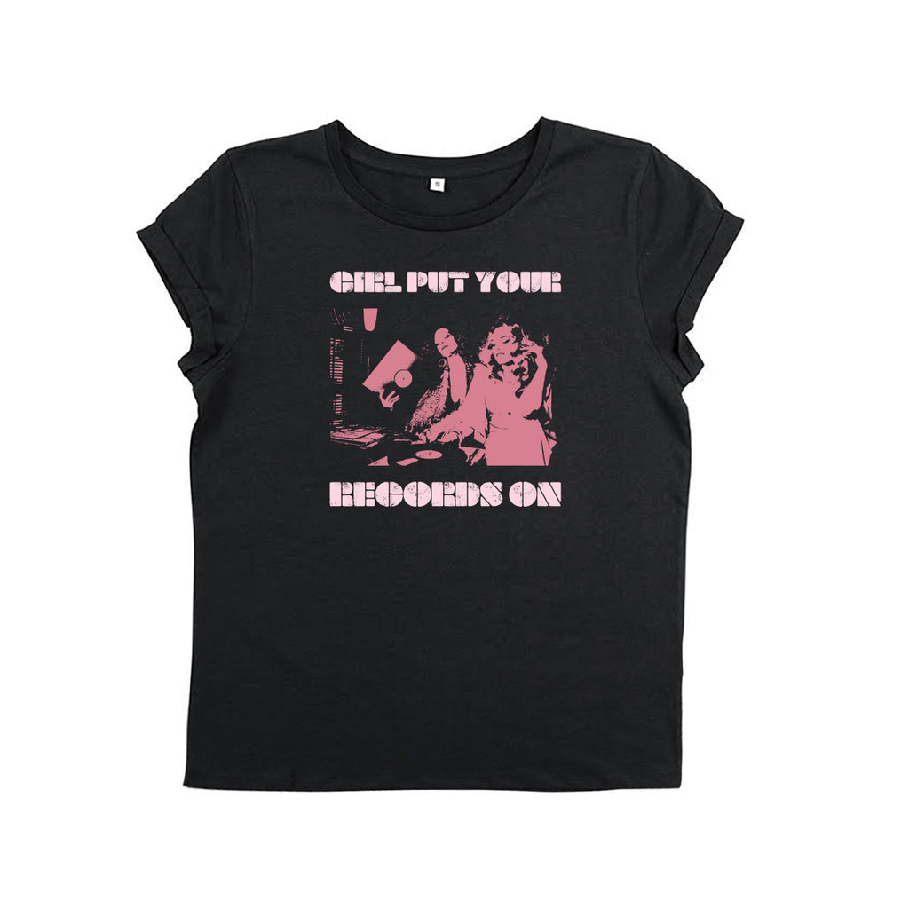 Disko Kids Girl Put Your Records On Graphic Tshirt in Black and Pink - Music inspired 