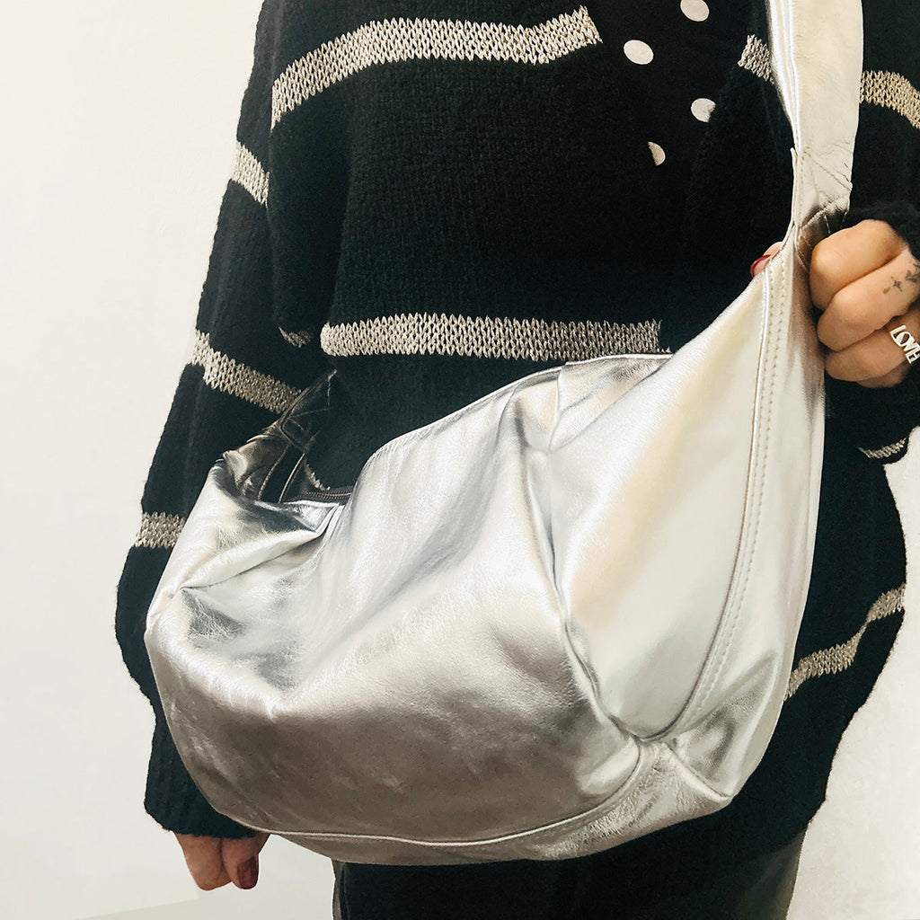 Large Silver Leather Crossbody Bag Close Up