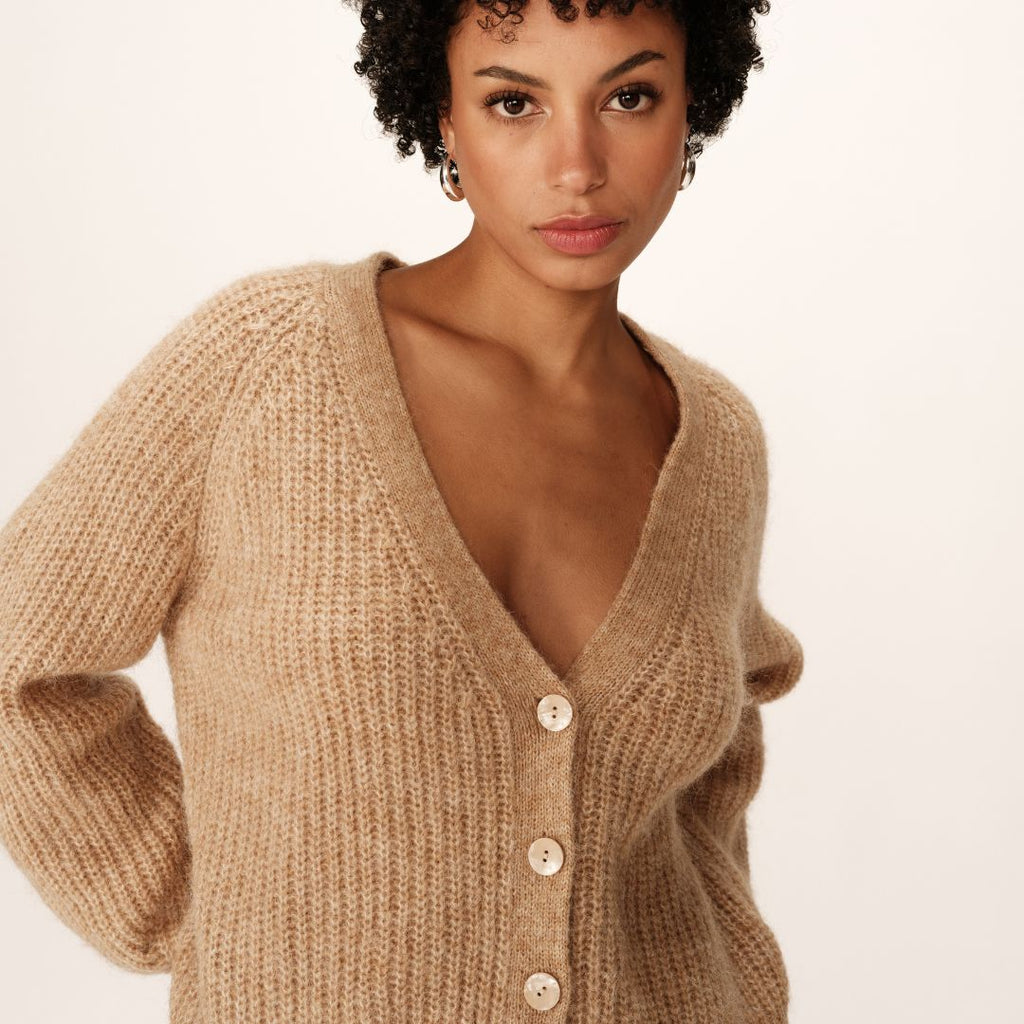 Taupe Knitted V Neck Cardigan