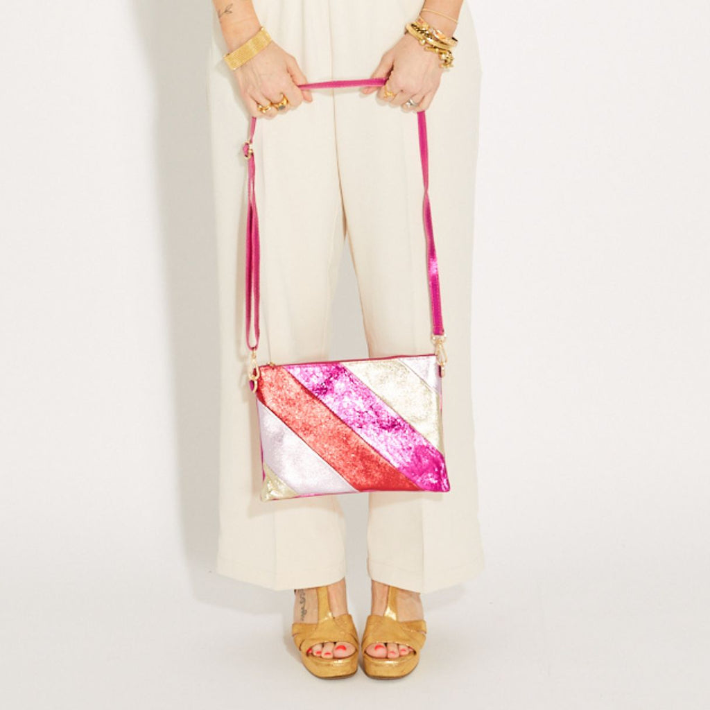 Pink Rainbow Leather Disco Clutch Bag  Strape