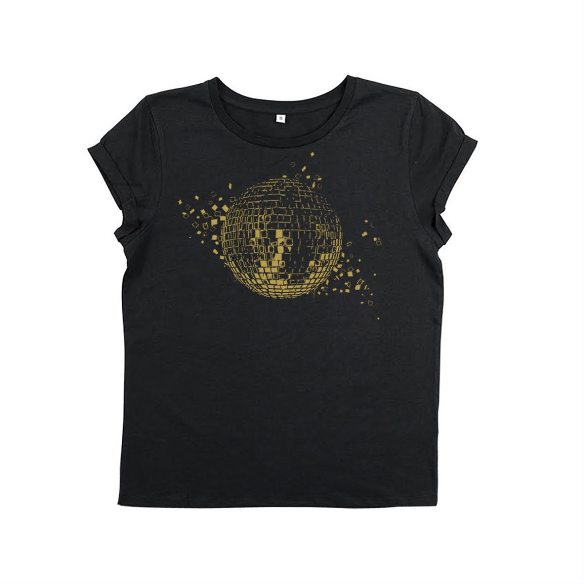 Womens black tshirt with gold discoball design - Disko Kids