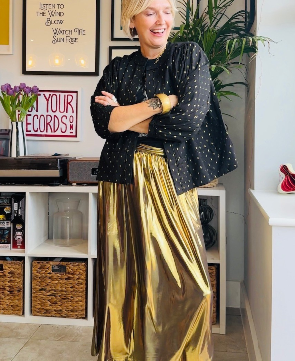 Gold metallic a line skirt full outfit styled with reversible jacket at home shot