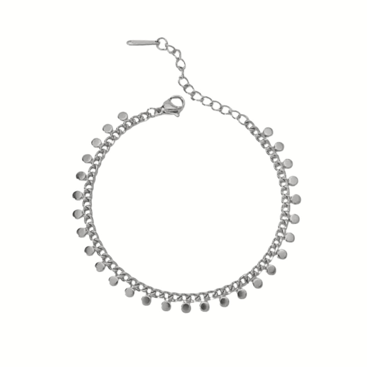 Silver bracelet with small round pendants on a white background