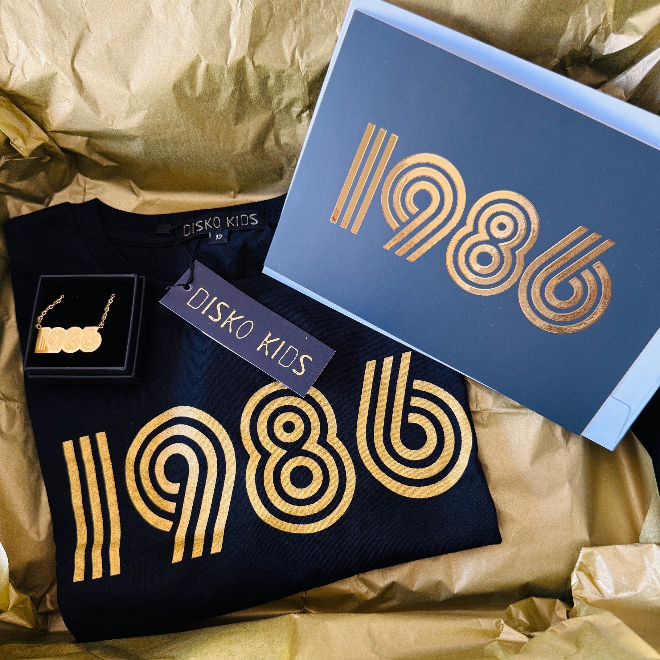 1986 box gift tshirt necklace card 40th birthday gift disko kids