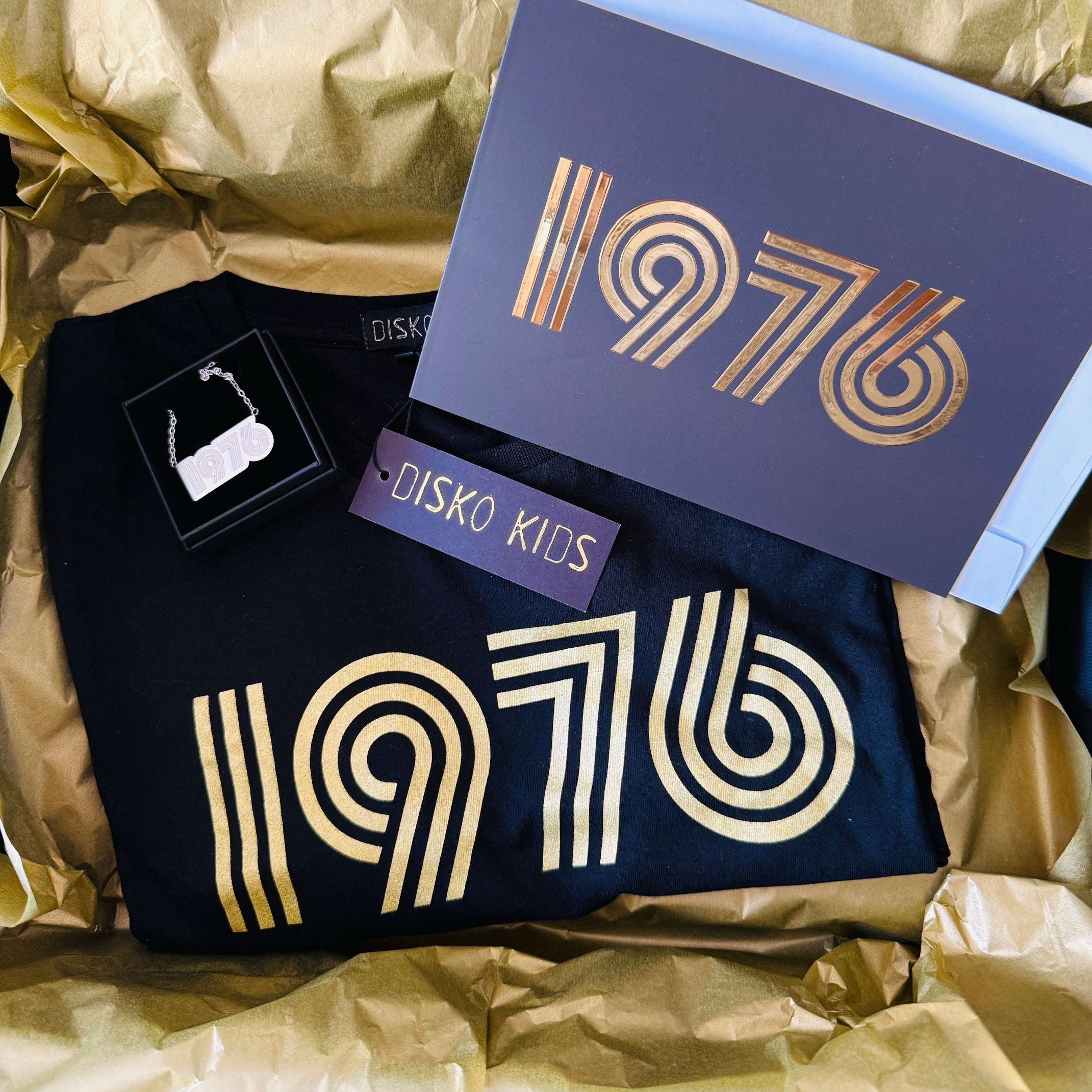 1976 box gift tshirt necklace card 50th birthday gift disko kids