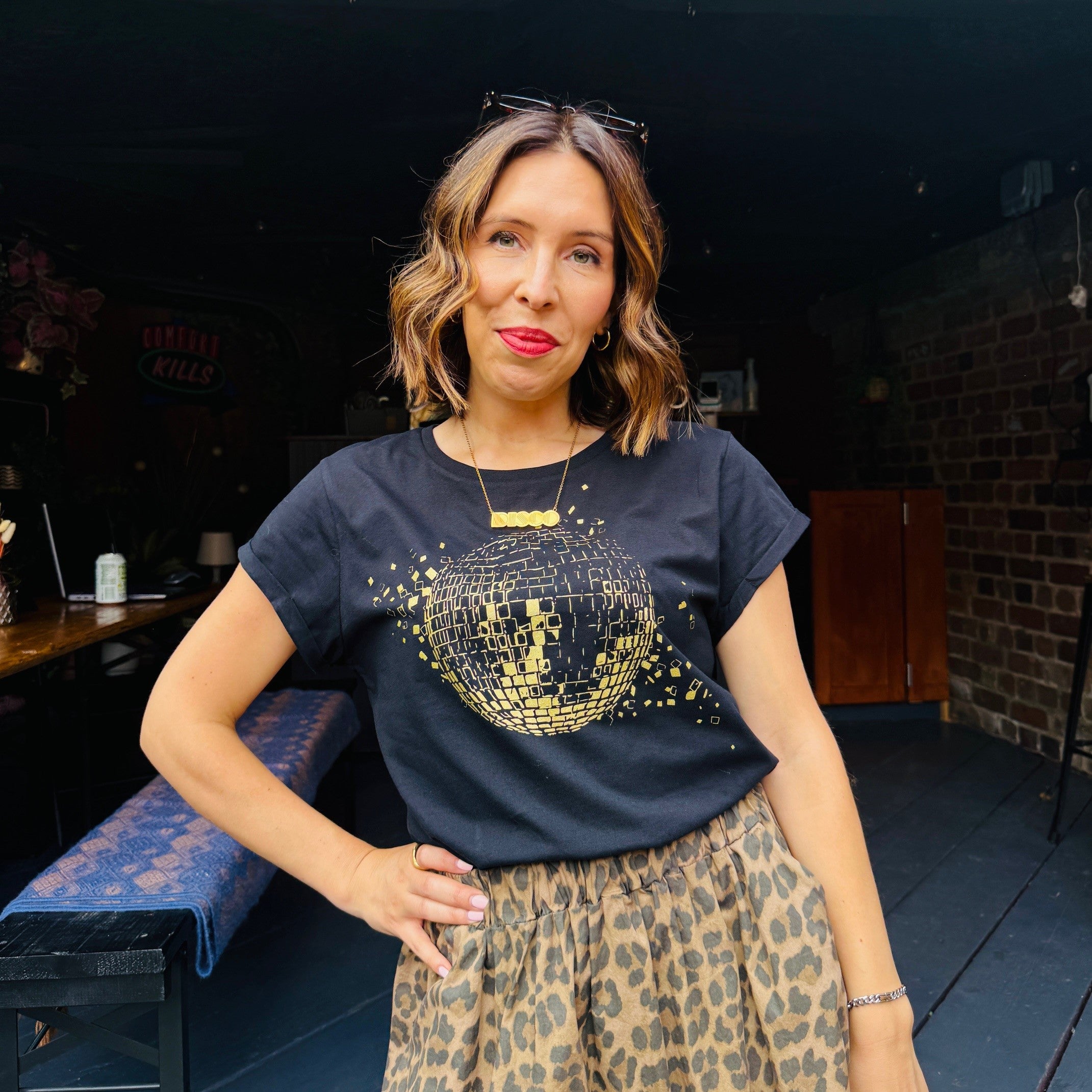 Womens black tshirt with gold discoball design - Disko Kids