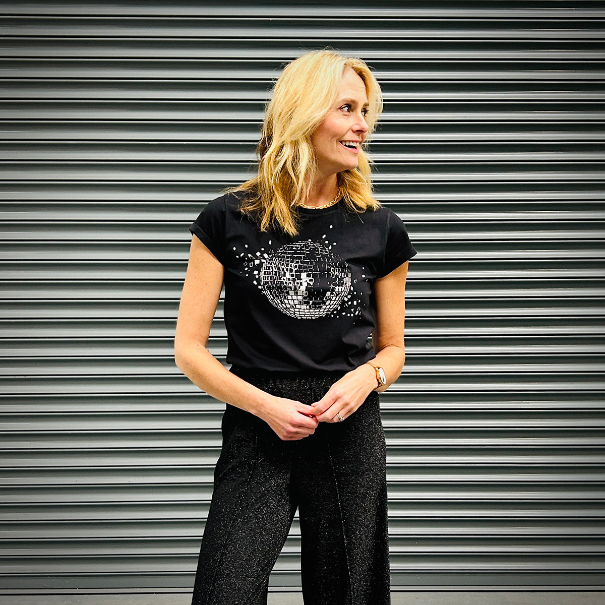 Womens black tshirt with silver discoball design - Disko Kids