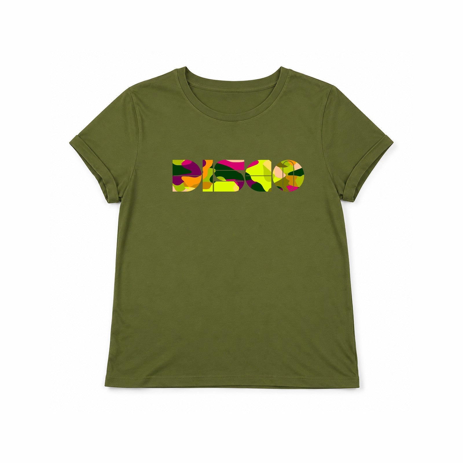 Green Olive tshirt with Disco in bright camouflage colours