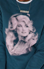Dolly Dots Loletta Sweatshirt Teal close up dolly parton