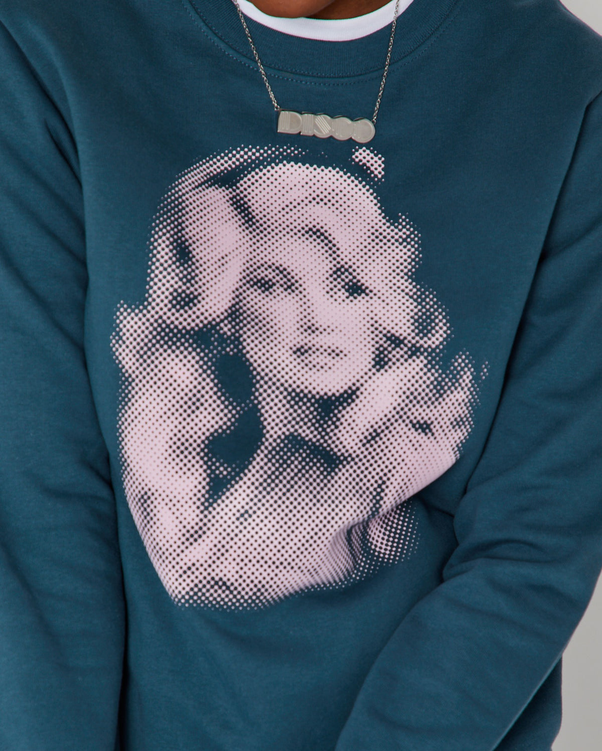 Dolly Dots Loletta Sweatshirt Teal close up dolly parton