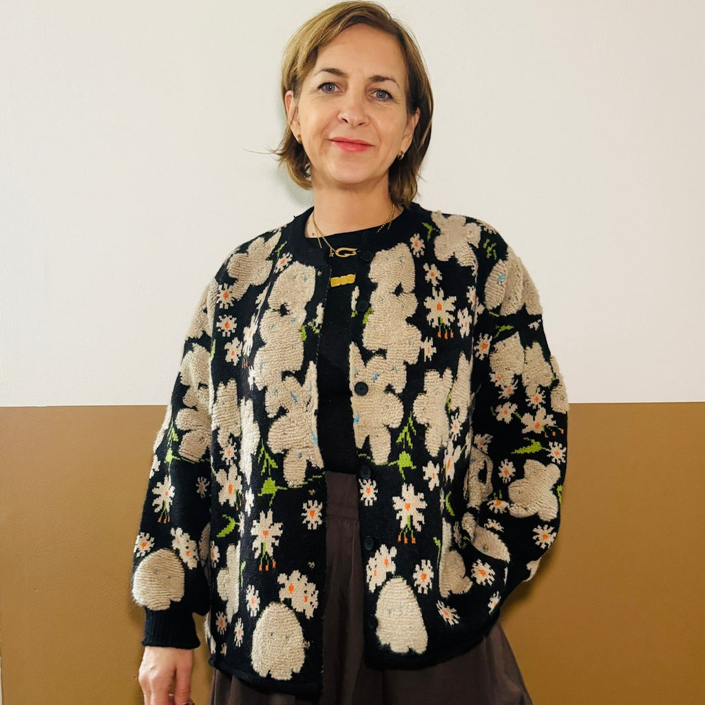 Floral Knit Daisy Embroidered Black Cardigan disko kids