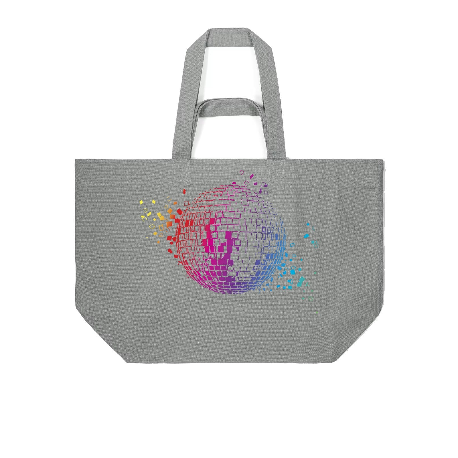 A grey canvas tote bag with a rainbow disco ball graphic printed on the front. Disko kids bags