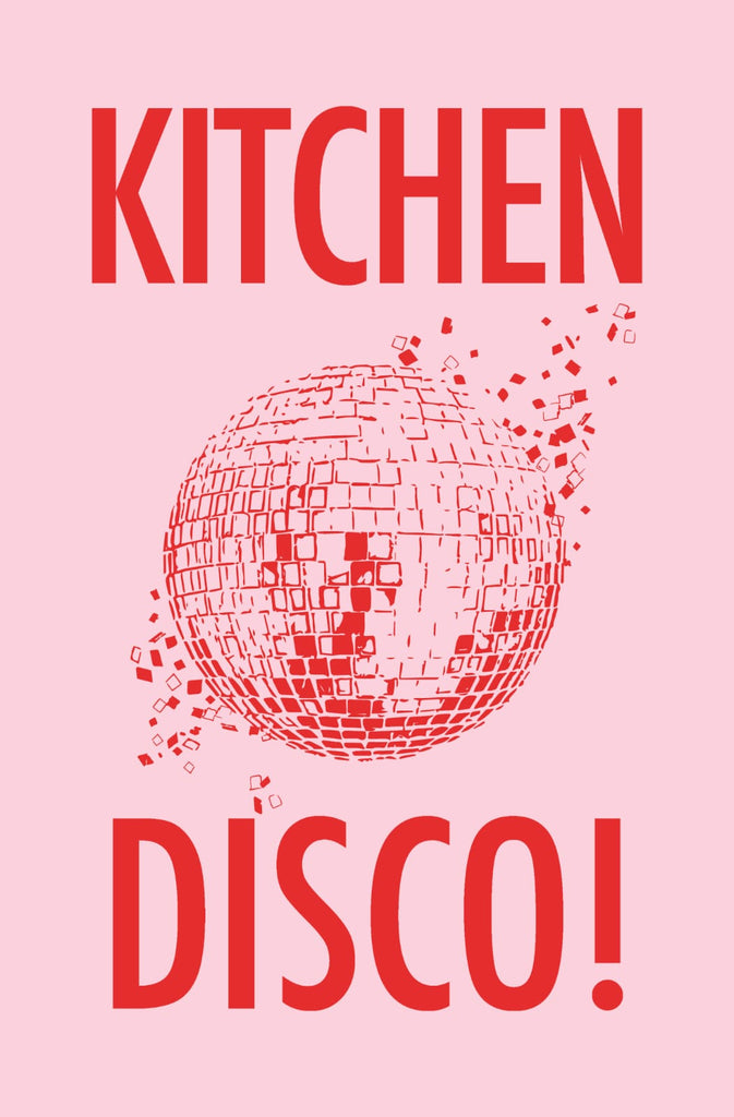 Pink teatowel with red text 'KITCHEN DISCO!' and a disco ball graphic.