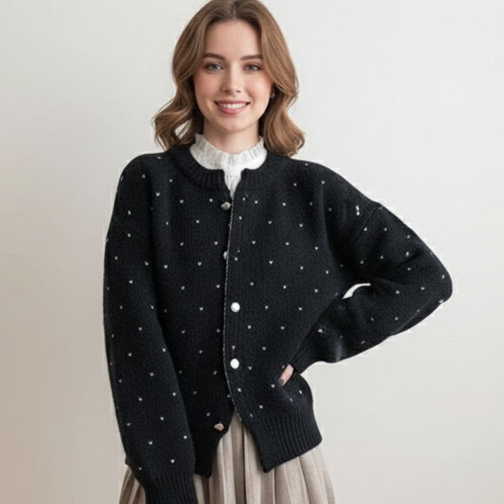 black cardigan with white hearts and silver buttons disko kids