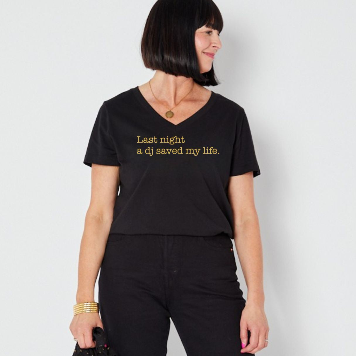 Last Night a DJ V Neck Tshirt Black & Gold - Disko Kids