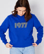 1977 50th birthday gift sweatshirt electric blue disko kids on a model