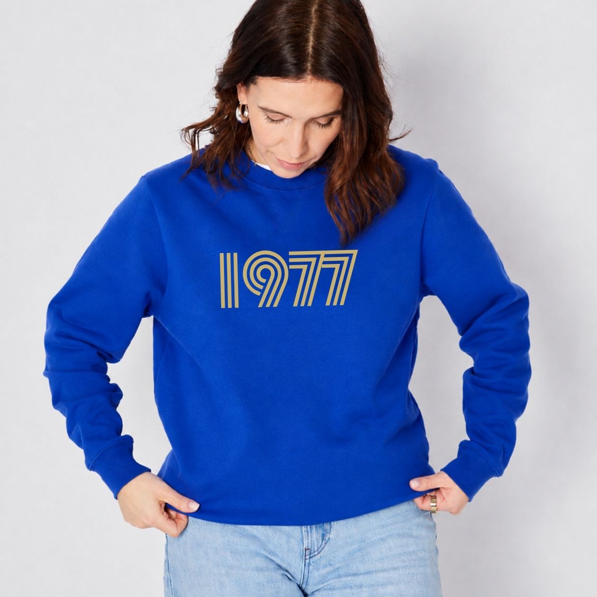 1977 50th birthday gift sweatshirt electric blue disko kids on a model