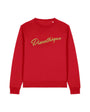 bright red crewneck sweatshirt with 'Discothèque' printed in gold script across the chest, disko kids retro inspire flat lay
