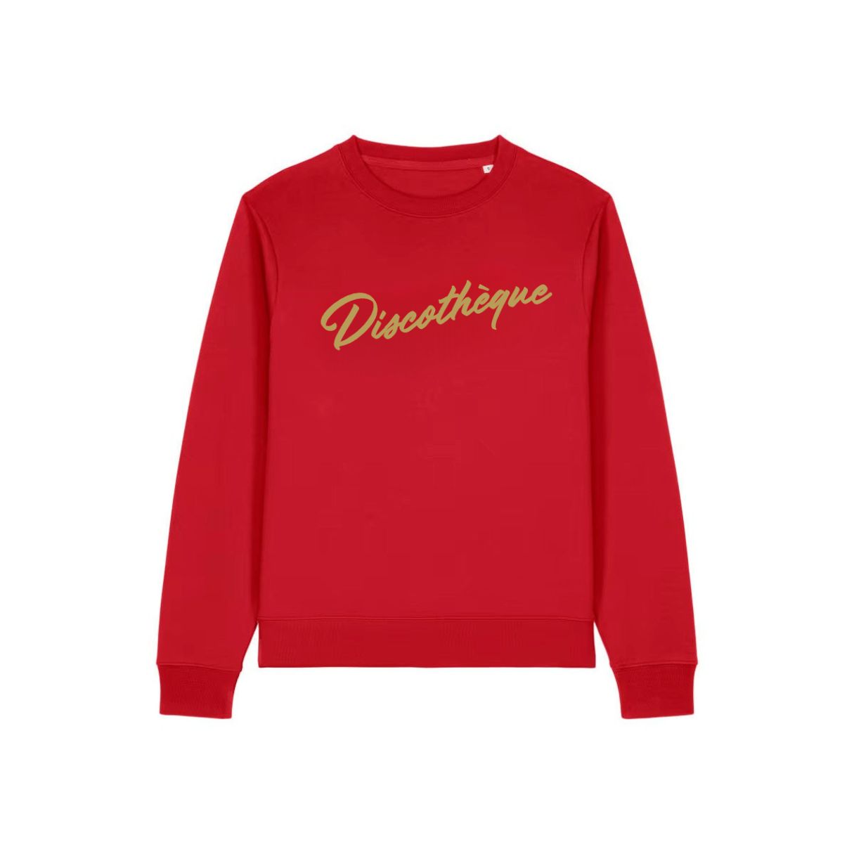 bright red crewneck sweatshirt with 'Discothèque' printed in gold script across the chest, disko kids retro inspire flat lay