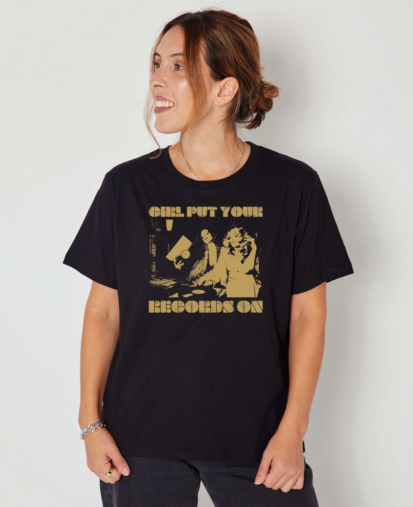 Records On Donna Tshirt Black and gold music inspired tshirt graphic