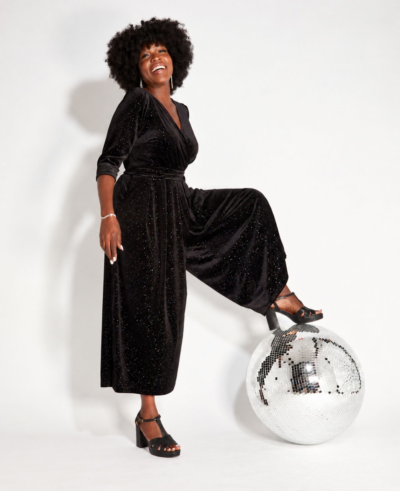Black Rainbow Sparkle Jumpsuit for party season and christmas full look with heels and disco ball disko kids