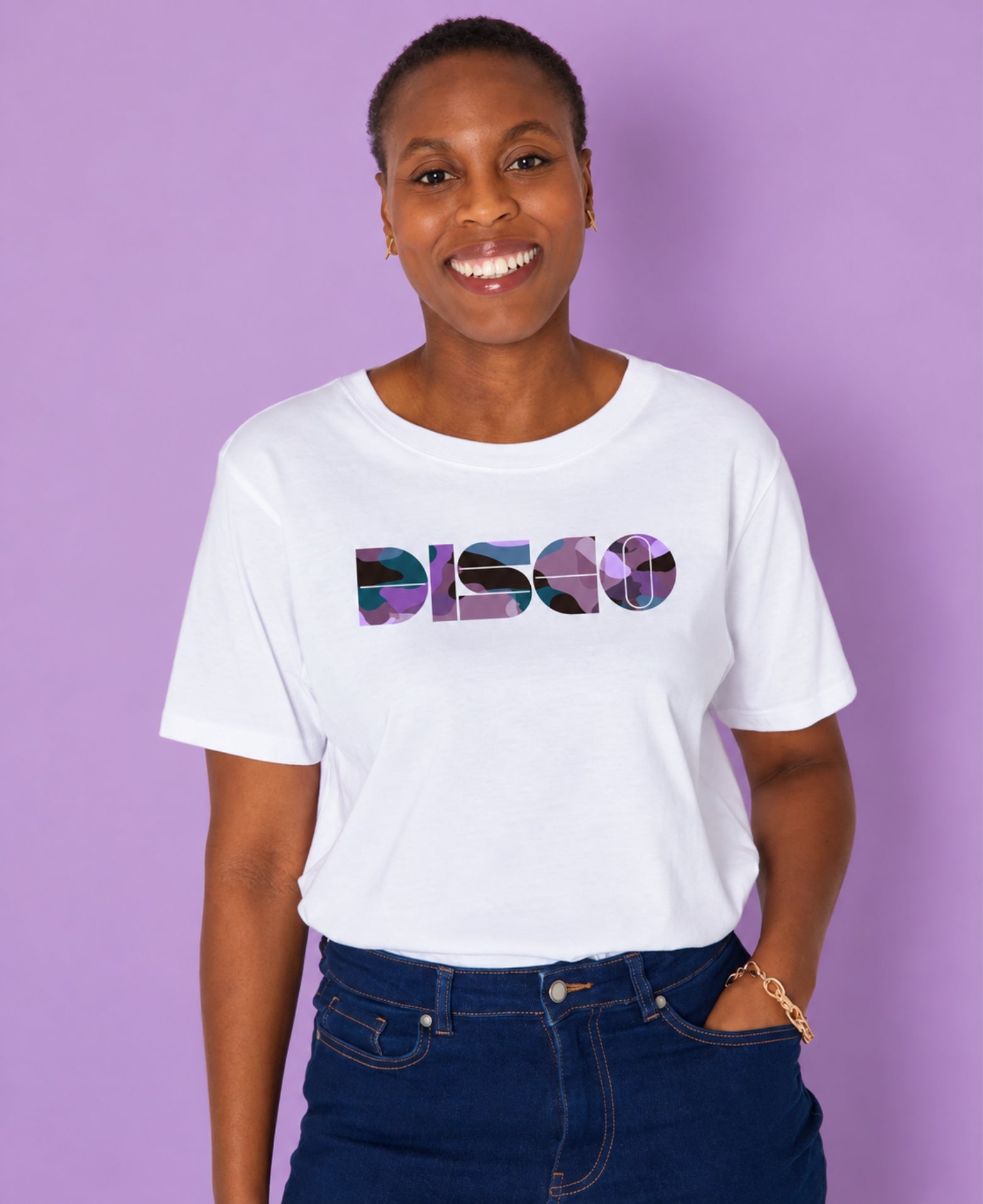 disco graphic design donna tee with tonal purple camo screen print