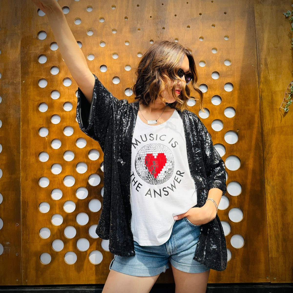 music is the answer white vest festival outfit discoball
