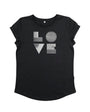 Womens black tshirt with silver 'LOVE' disco ball print - Disko Kids