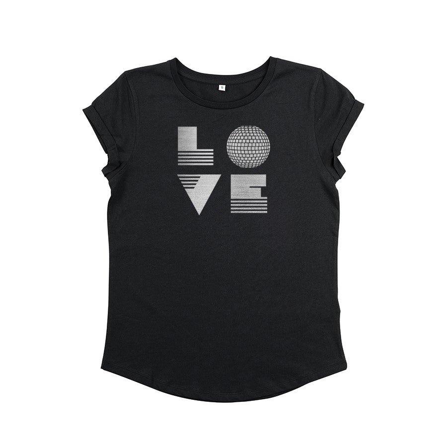 Womens black tshirt with silver 'LOVE' disco ball print - Disko Kids