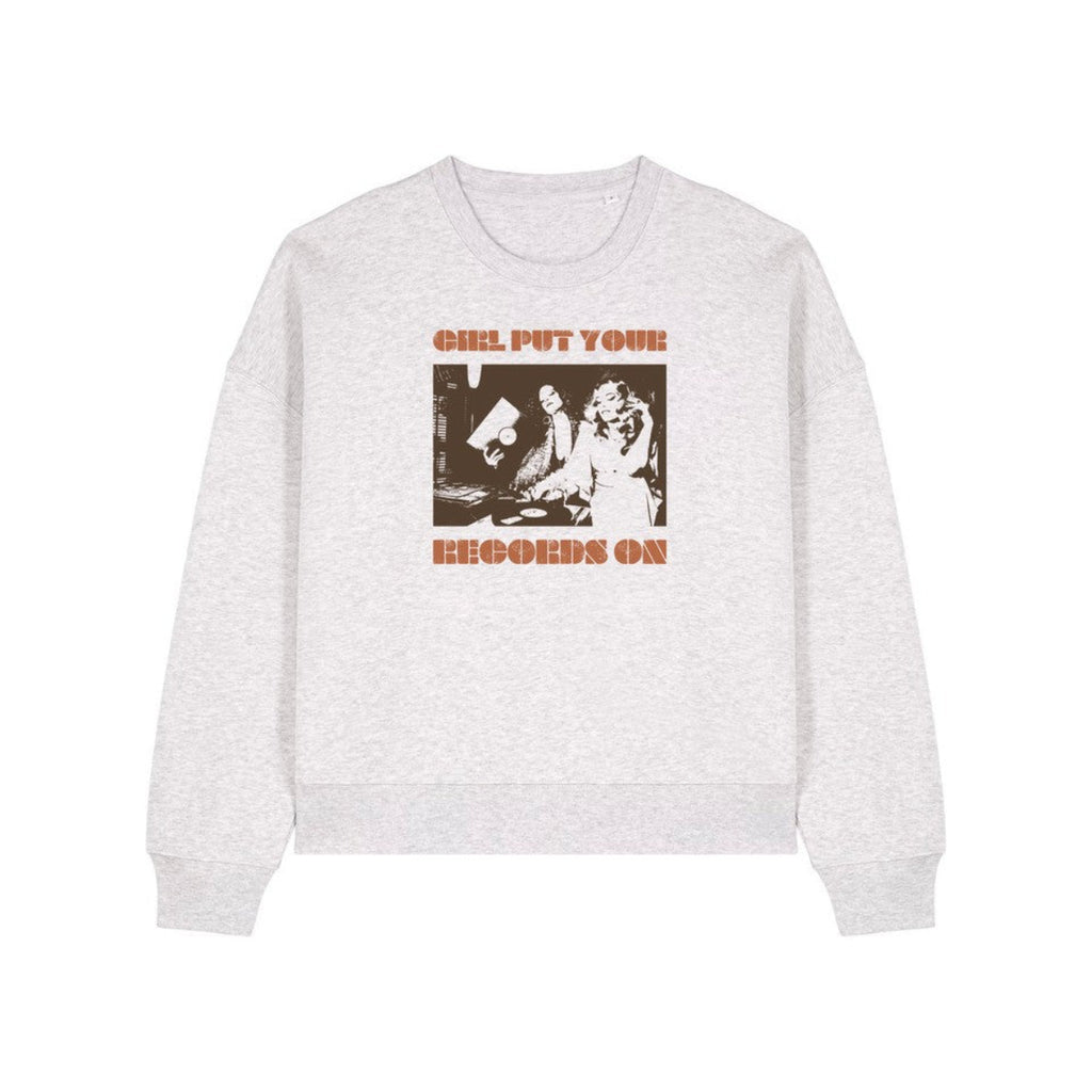 Gray sweatshirt with graphic design and text on a white background