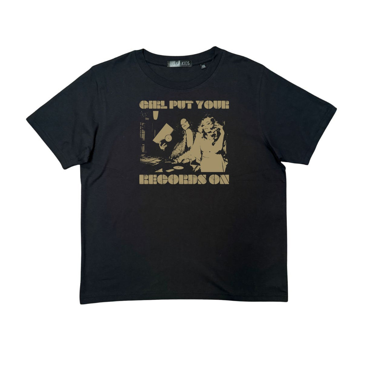 black ladies tshirt gold retro print of vinyl records