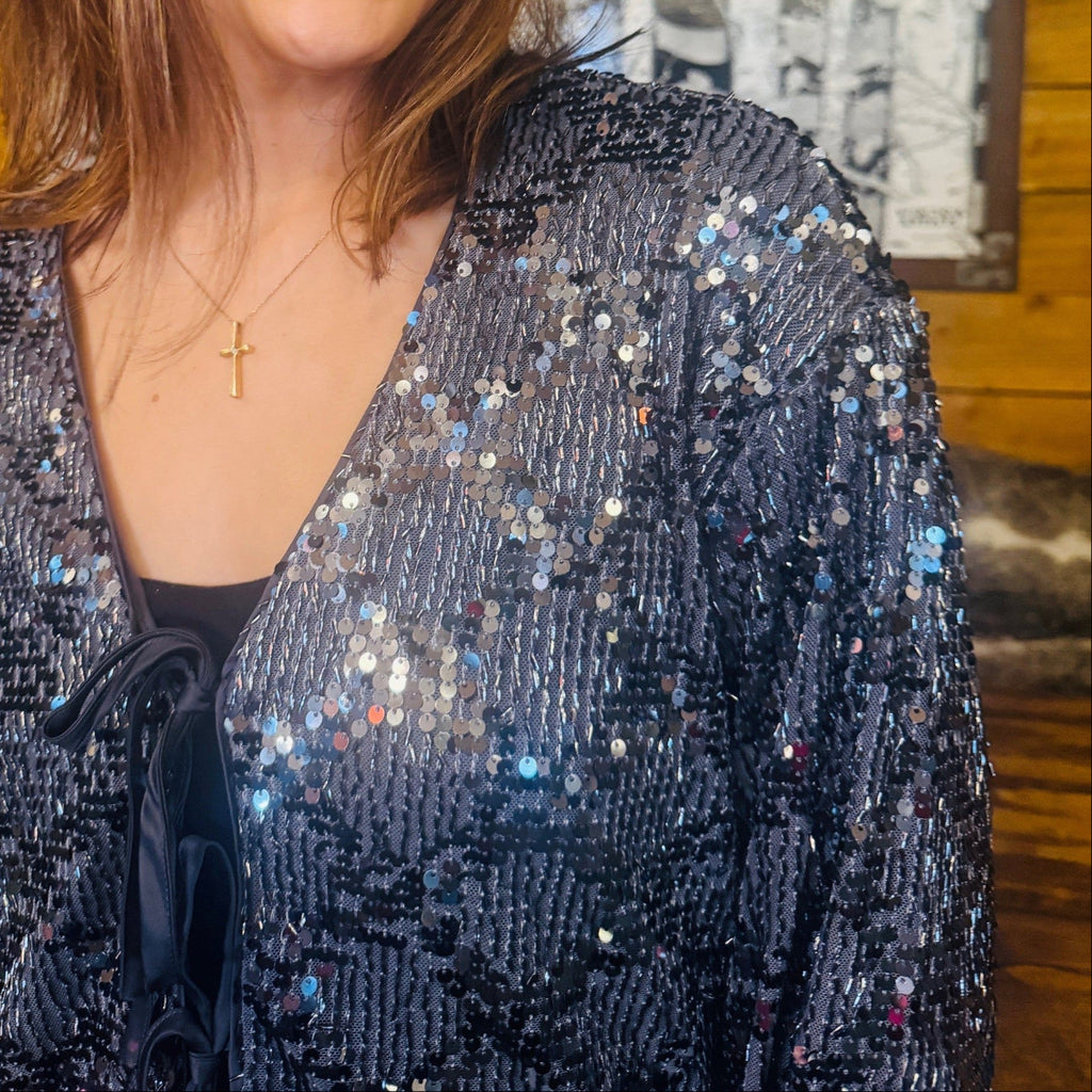 sequin tie front jacket silver pewter 