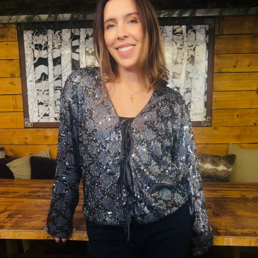 sequin tie front jacket silver pewter 