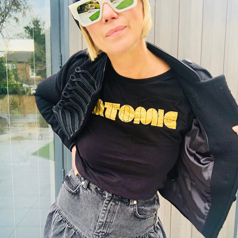 Atomic Disko Kids Womens Tshirt Black and Gold Blondie