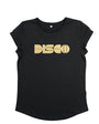 Womens black t-shirt with gold 'DISCO' print - Disko Kids