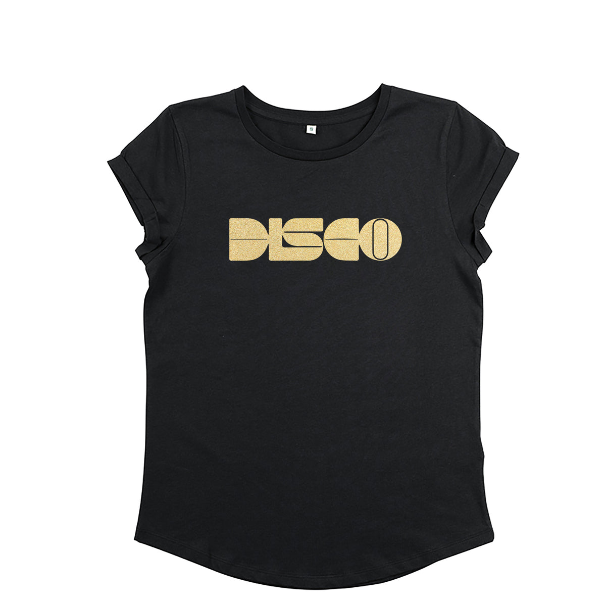 Womens black t-shirt with gold 'DISCO' print - Disko Kids