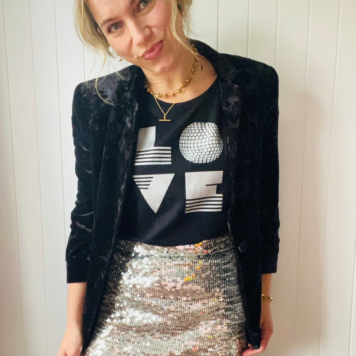 Womens black tshirt with silver 'LOVE' disco ball print - Disko Kids