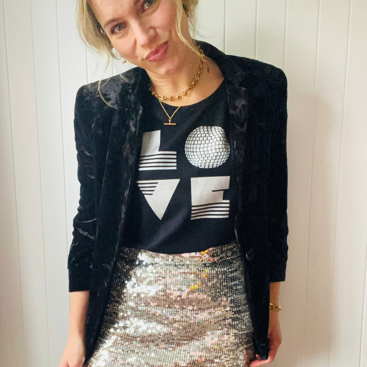 Womens black tshirt with silver 'LOVE' disco ball print - Disko Kids