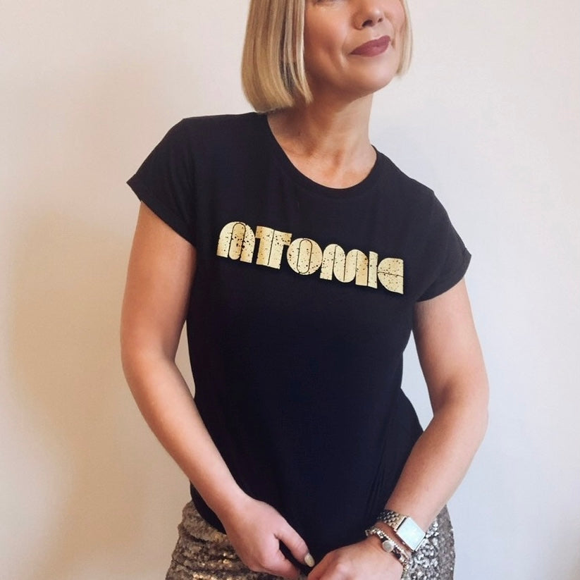 Atomic Disko Kids Womens Tshirt Black and Gold Blondie