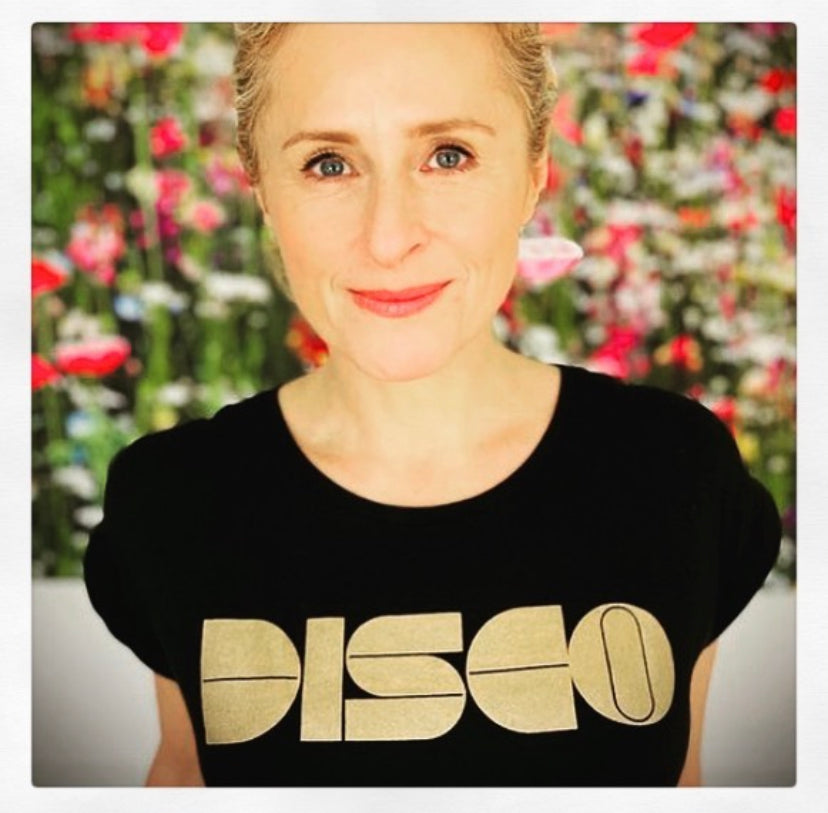 Womens black t-shirt with gold 'DISCO' print - Disko Kids